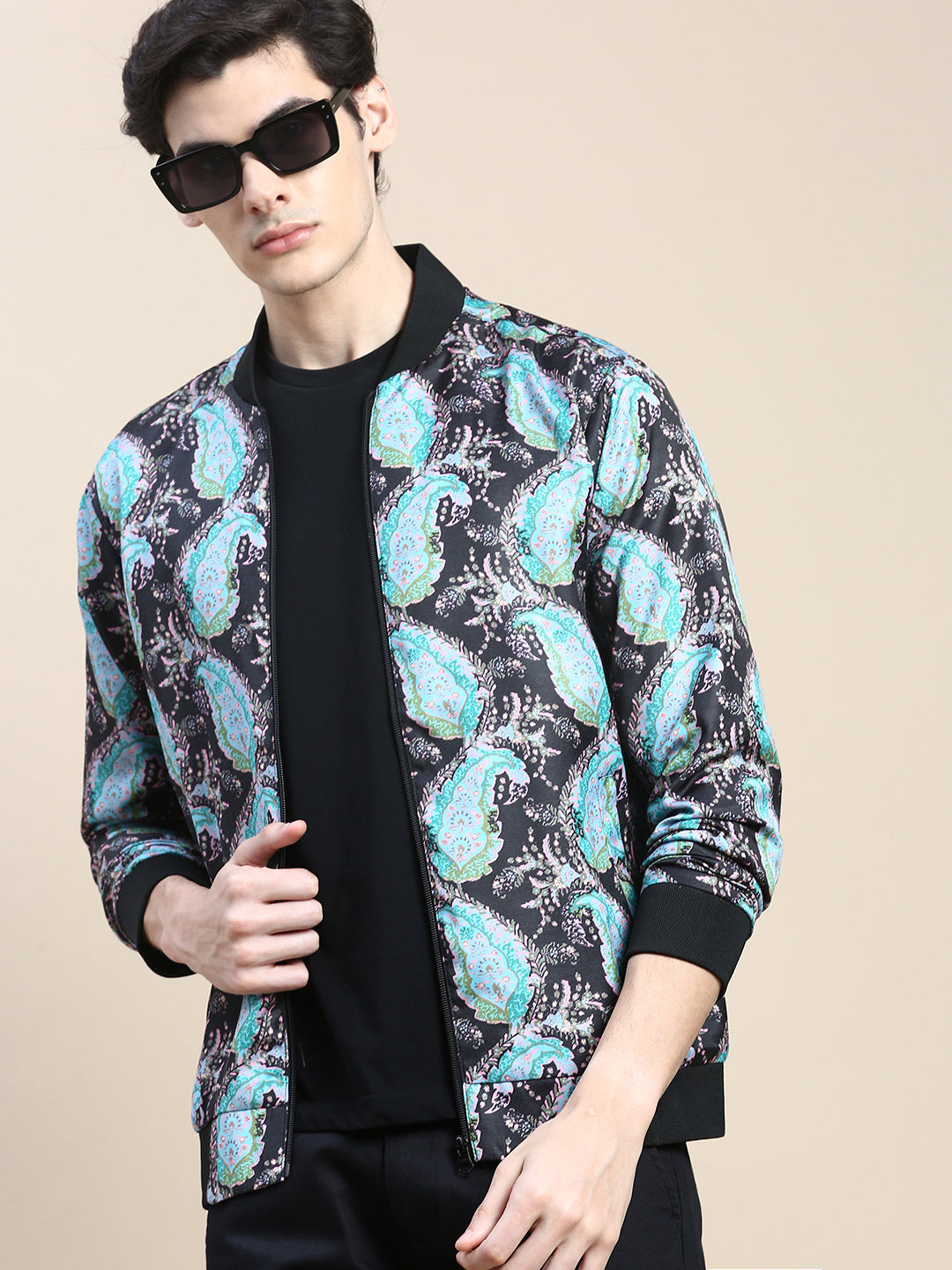 Men Black Printed Casual Bomber Jacket