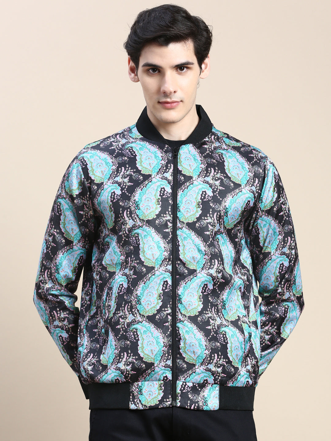 Men Black Printed Casual Bomber Jacket