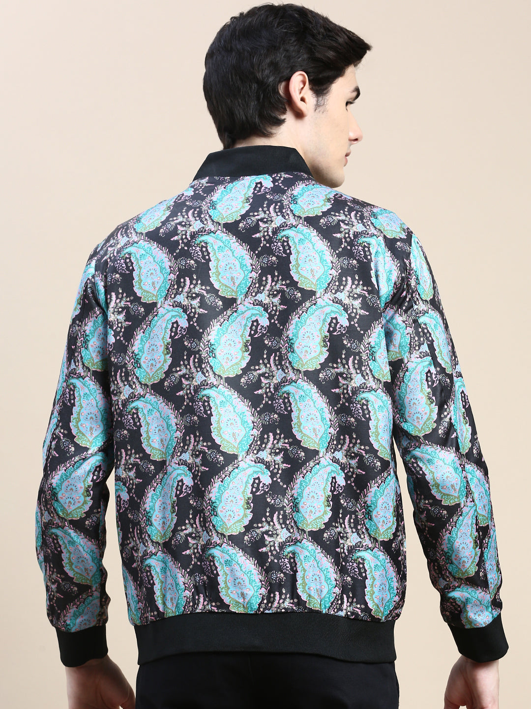 Men Black Printed Casual Bomber Jacket