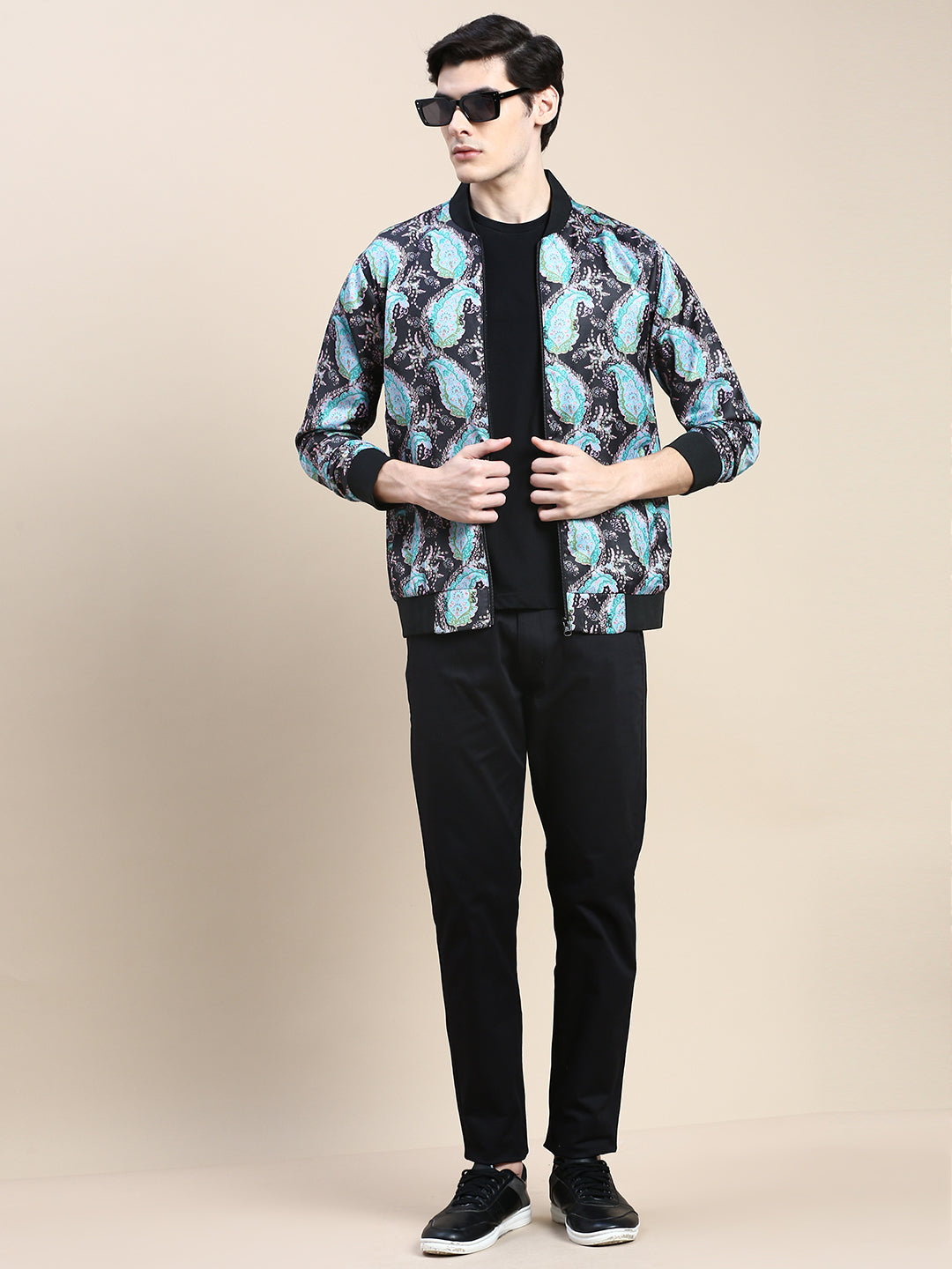 Men Black Printed Casual Bomber Jacket