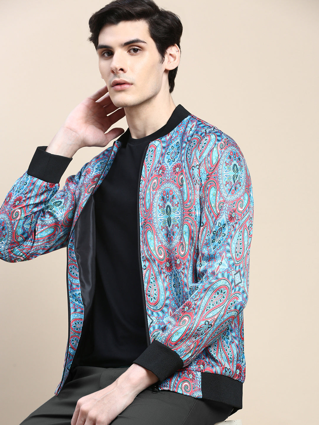 Men Blue Printed Casual Bomber Jacket