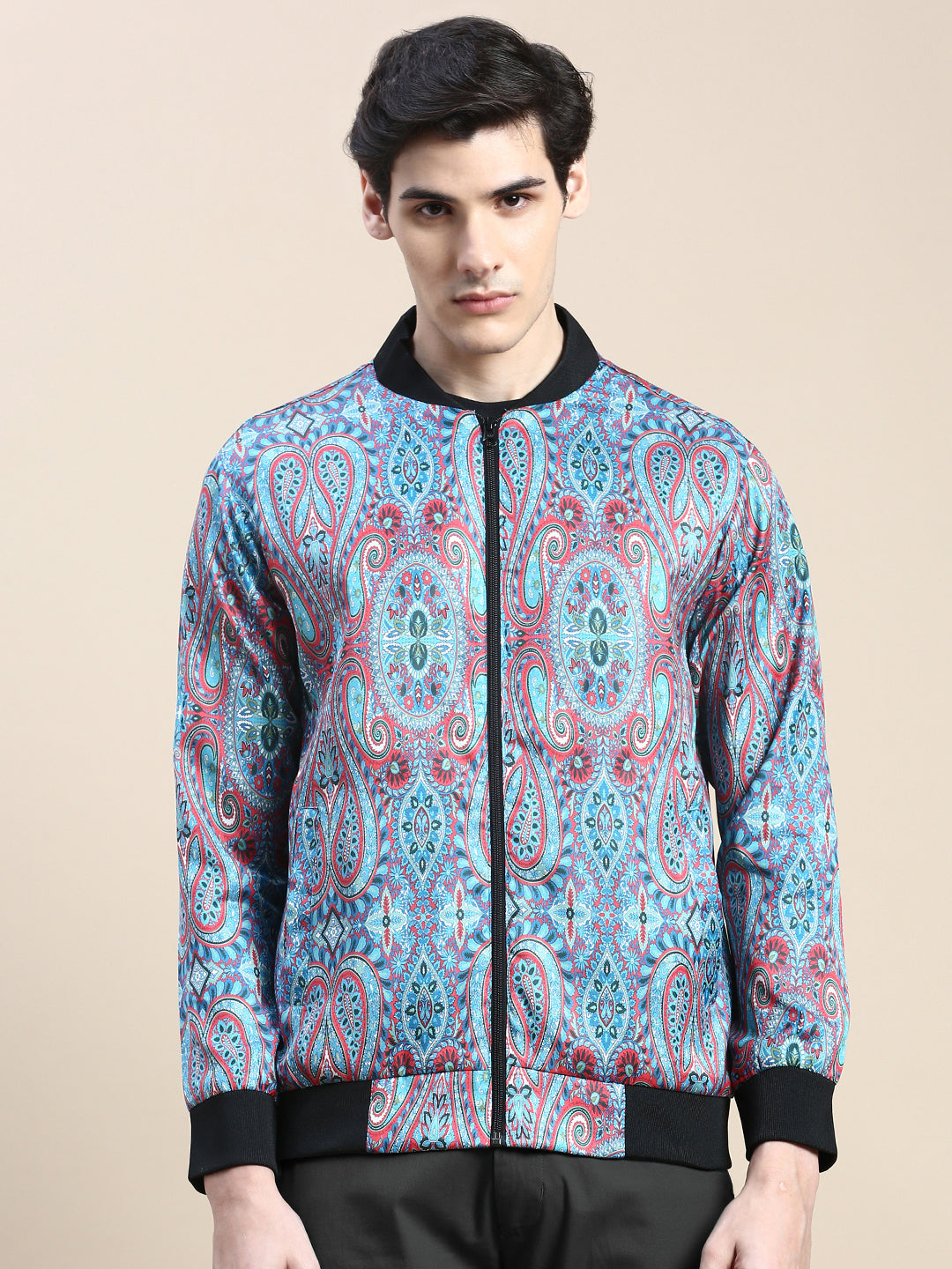 Men Blue Printed Casual Bomber Jacket