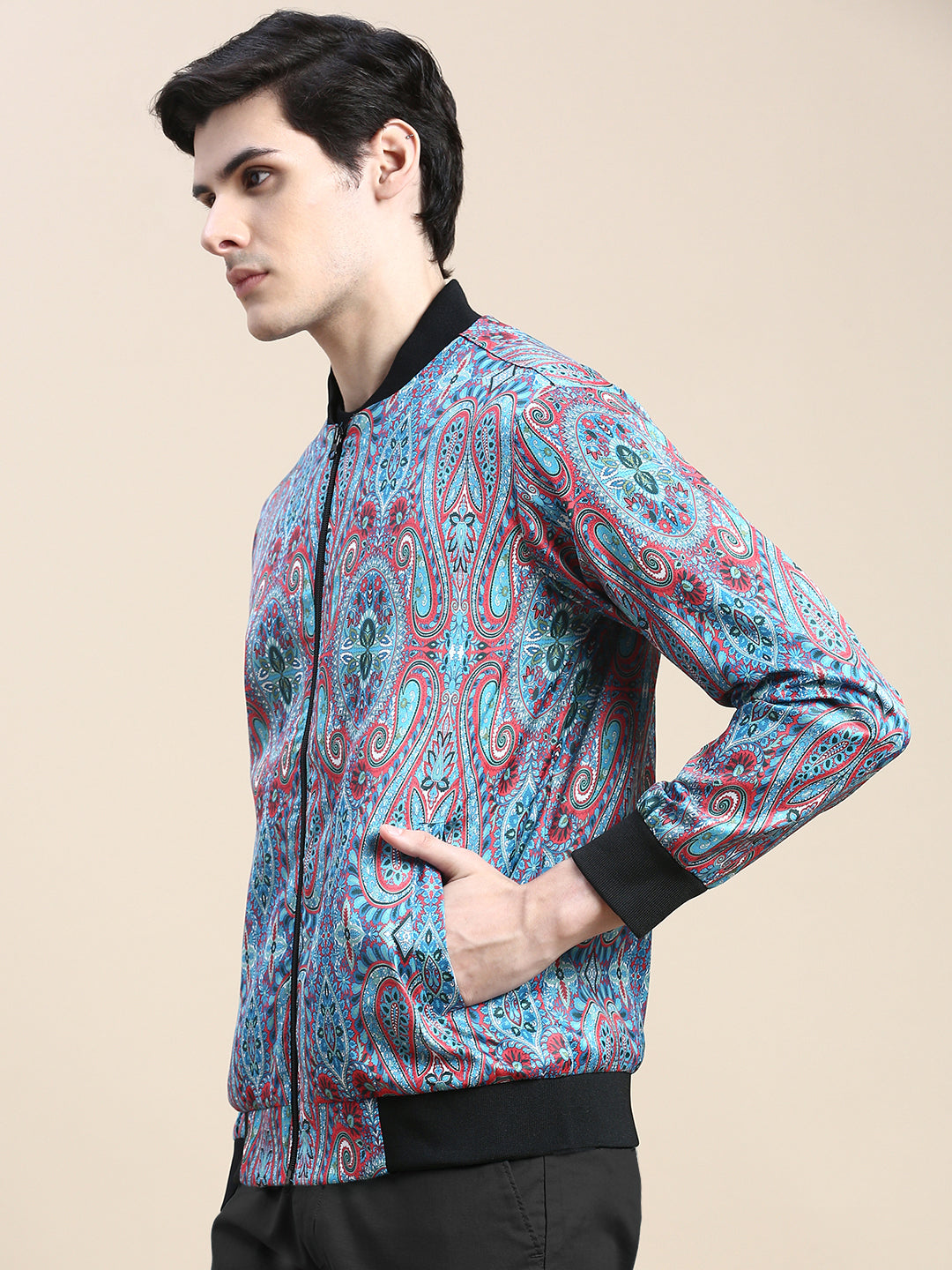 Men Blue Printed Casual Bomber Jacket