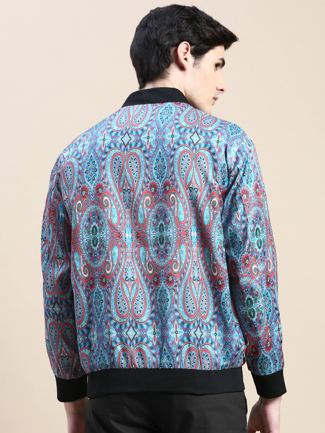 Men Blue Printed Casual Bomber Jacket