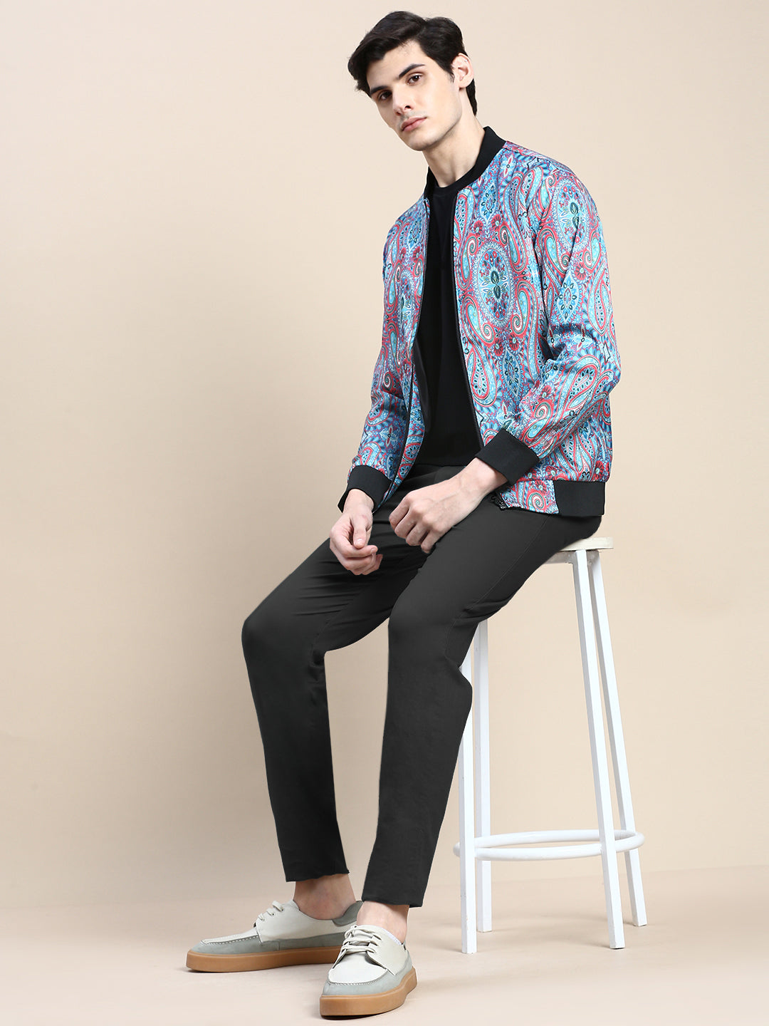 Men Blue Printed Casual Bomber Jacket