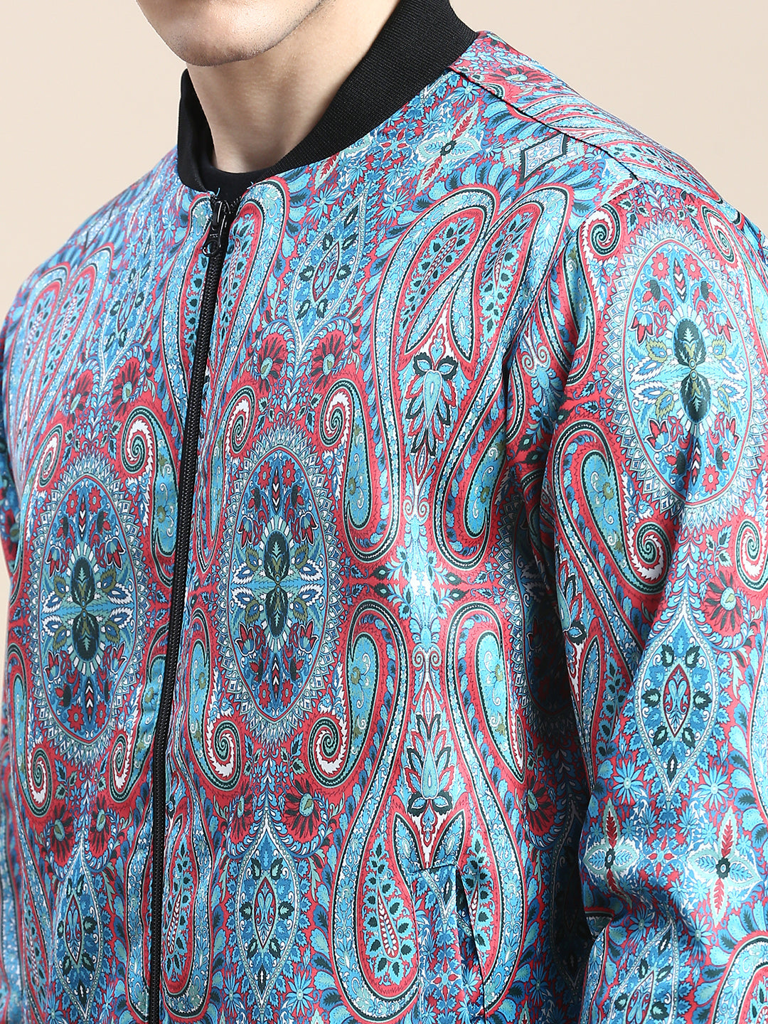 Men Blue Printed Casual Bomber Jacket