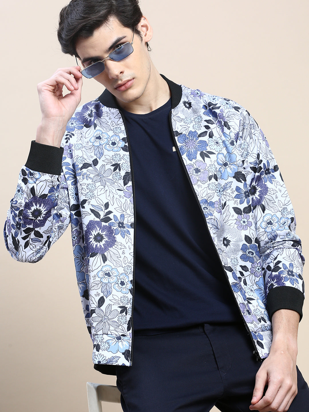 Men White Floral Casual Bomber Jacket