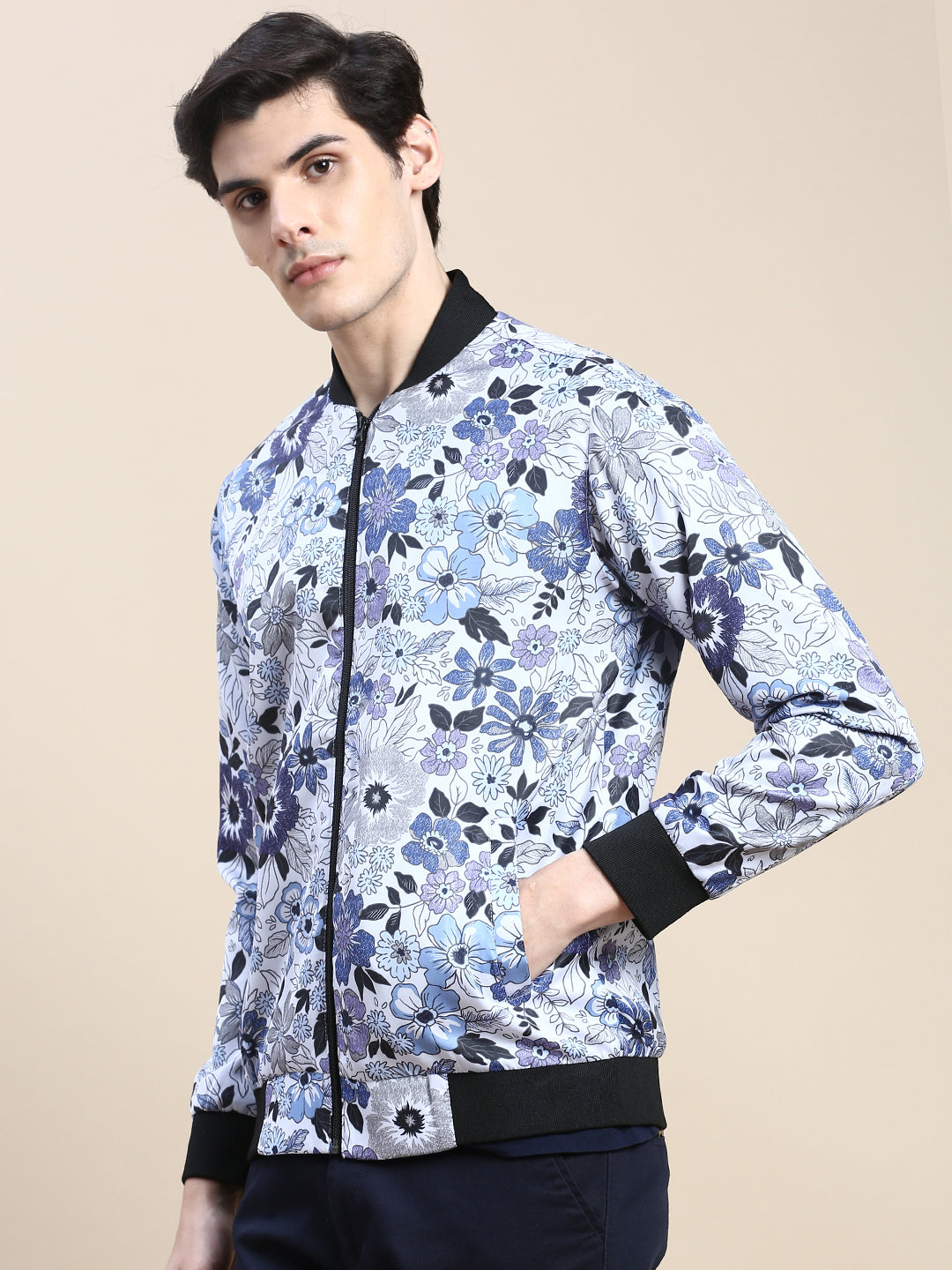 Men White Floral Casual Bomber Jacket