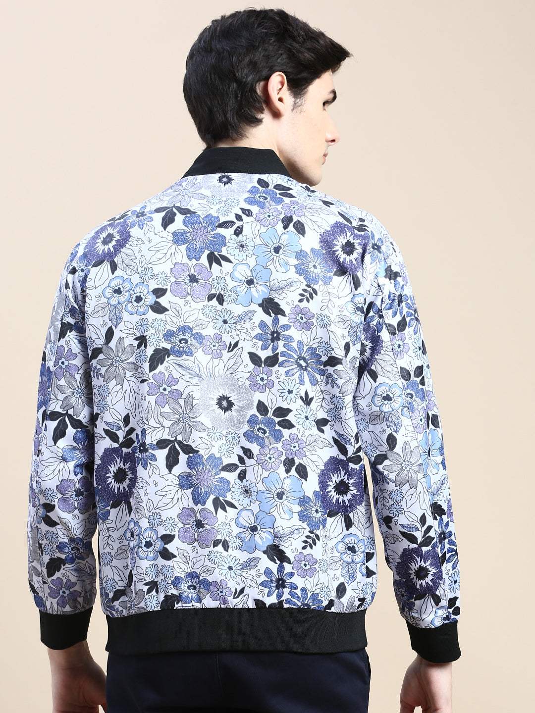 Men White Floral Casual Bomber Jacket