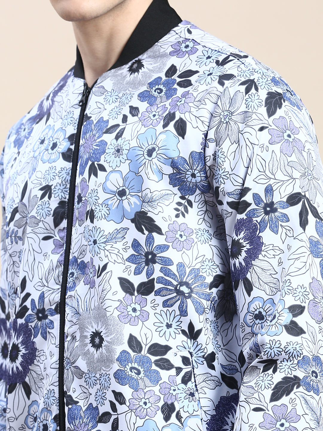 Men White Floral Casual Bomber Jacket