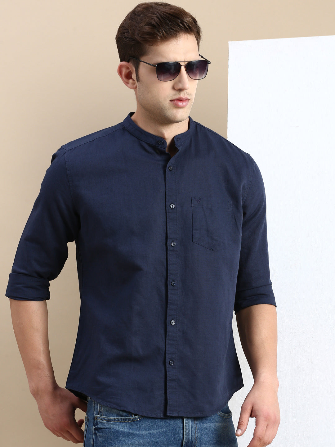 Men Navy Solid Casual Shirt