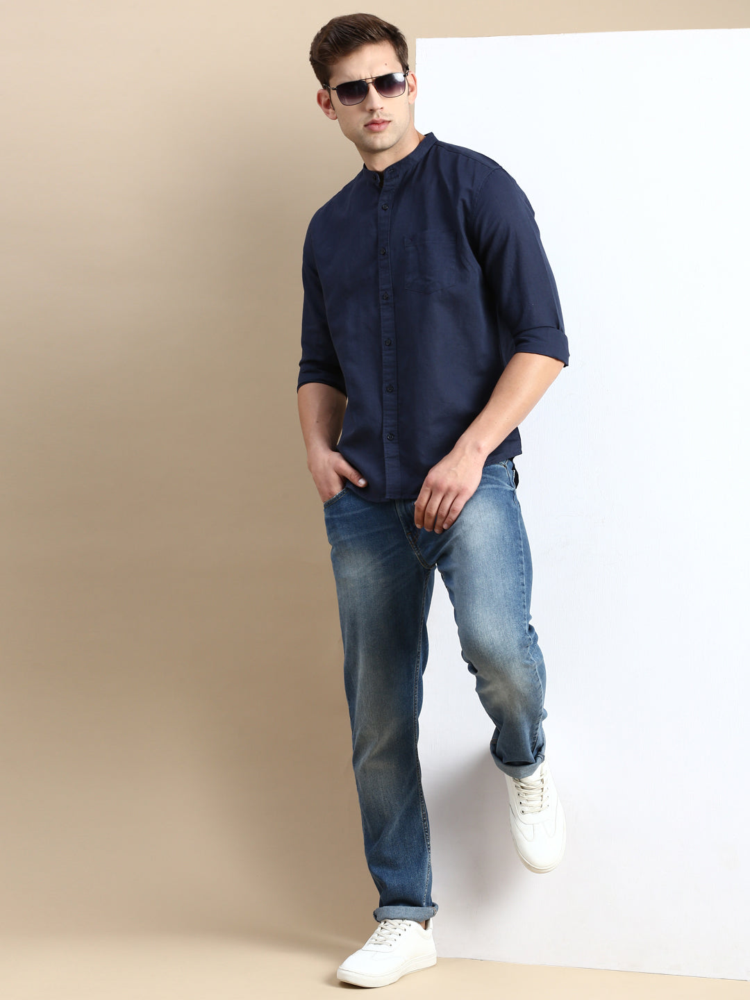 Men Navy Solid Casual Shirt