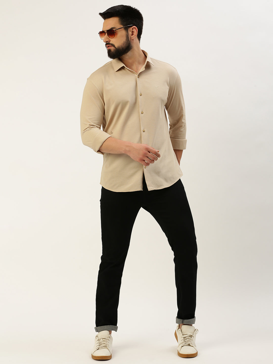 Men Beige Solid Casual Shirt