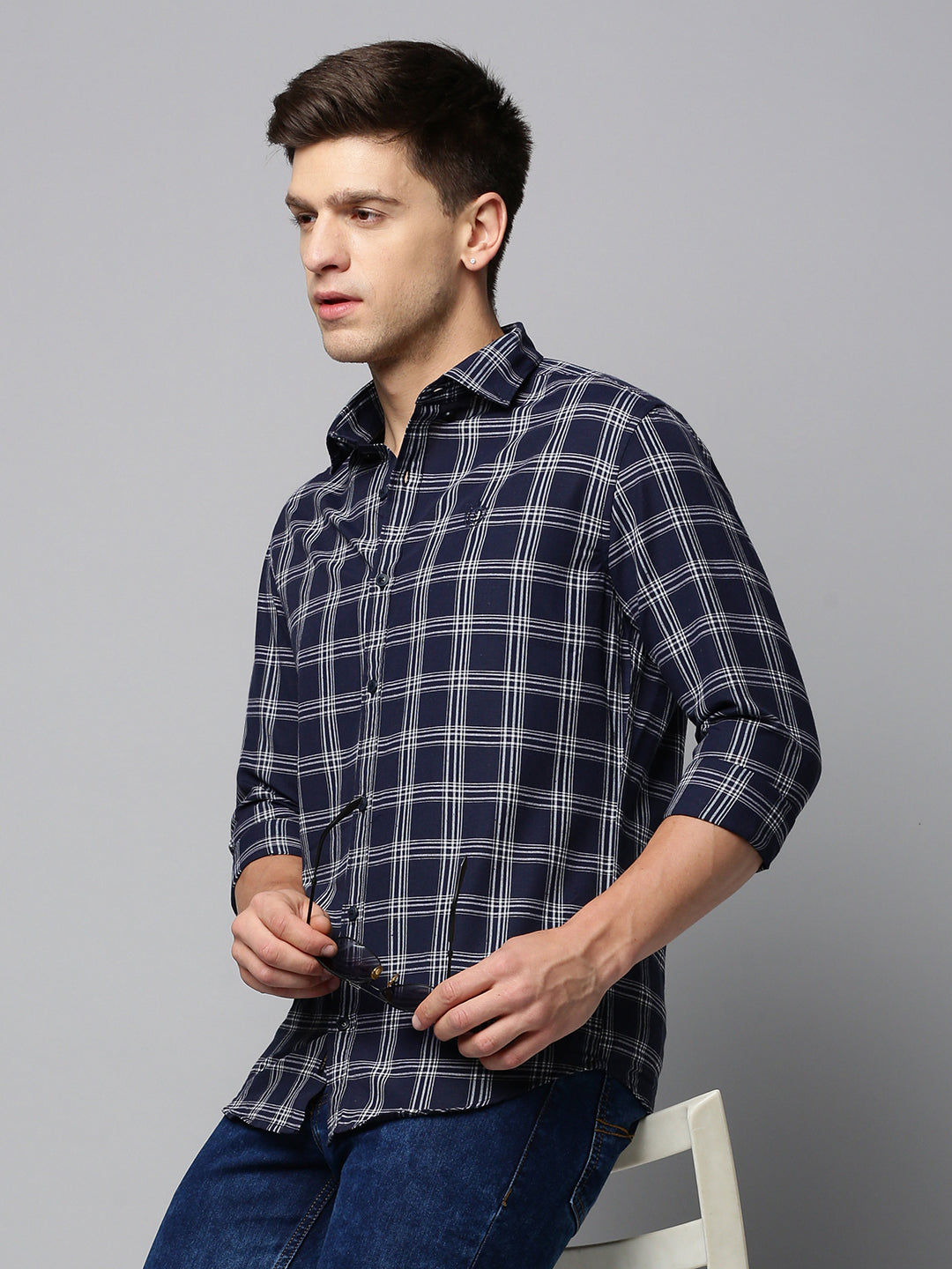 Men Navy Checked Casual Shirt