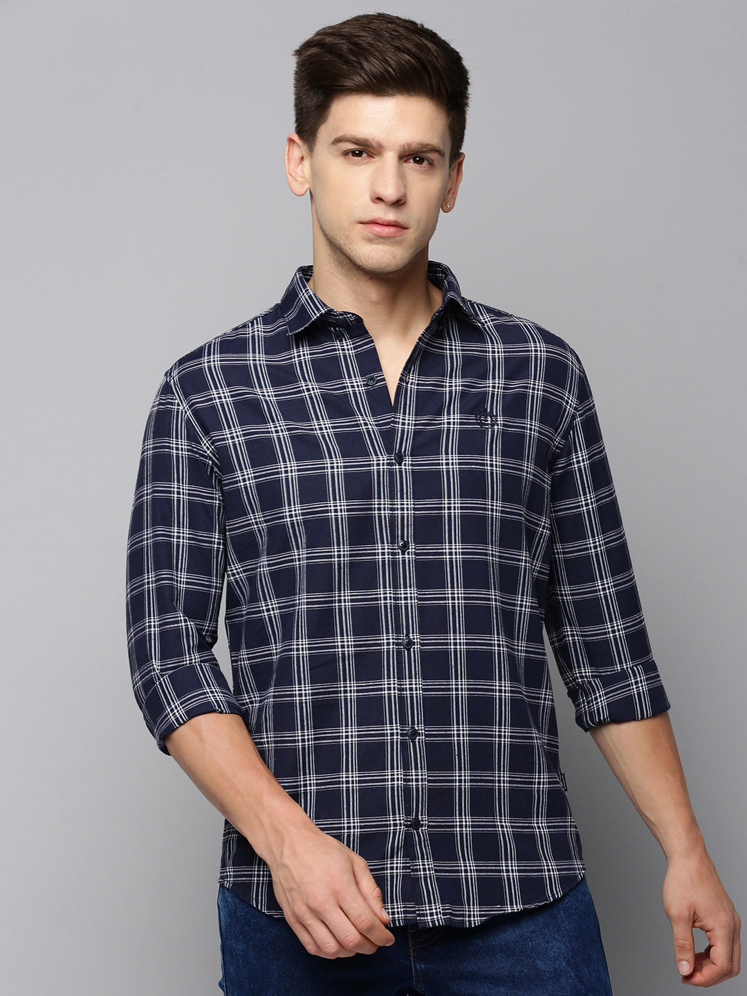 Men Navy Checked Casual Shirt