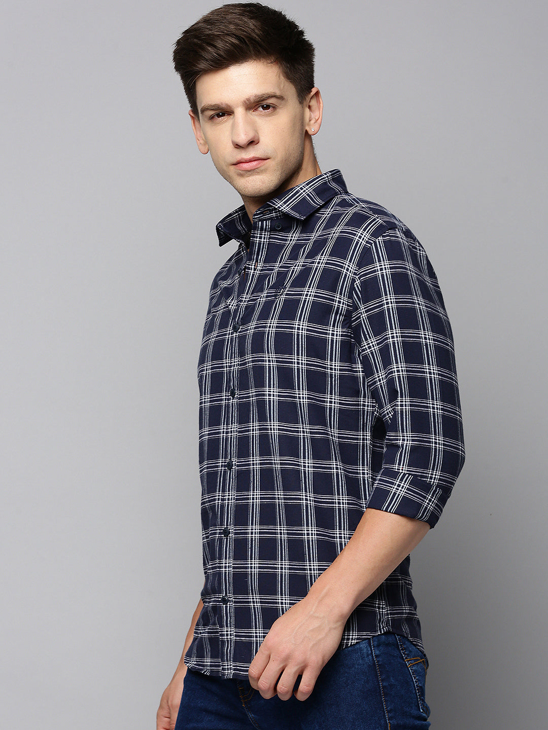 Men Navy Checked Casual Shirt