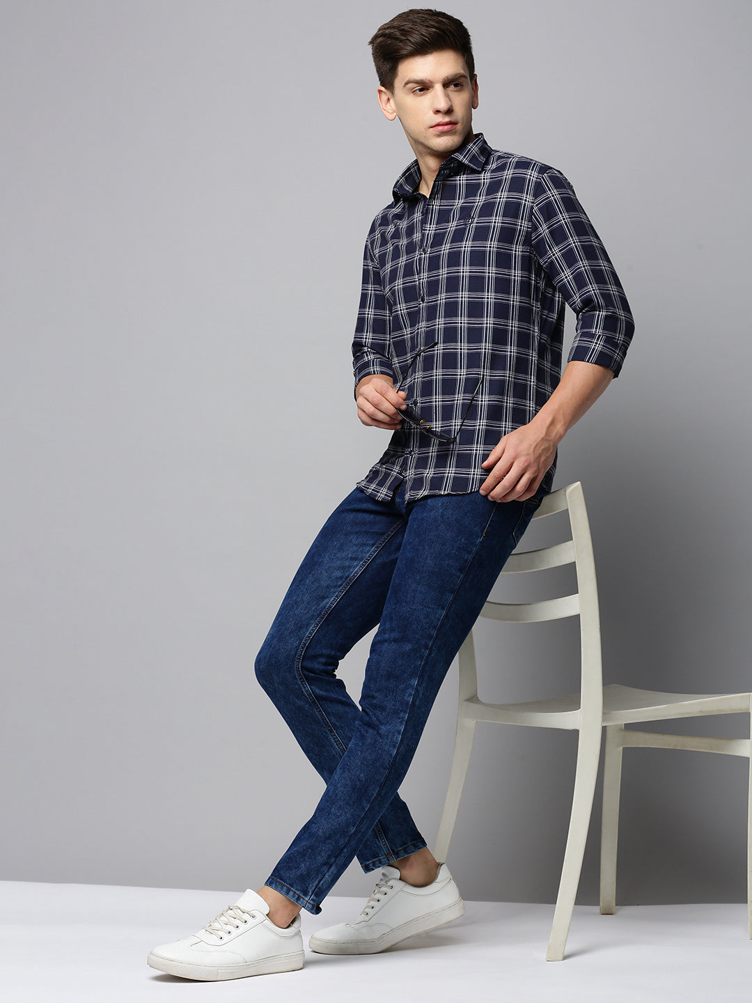 Men Navy Checked Casual Shirt