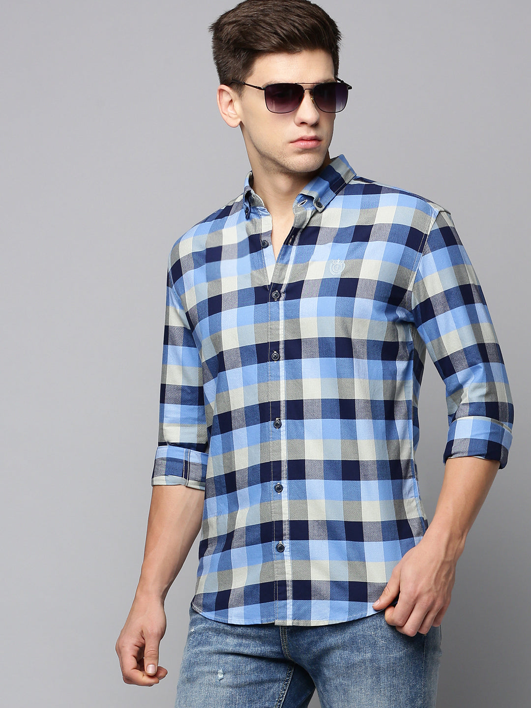 Men Blue Checked Casual Shirt