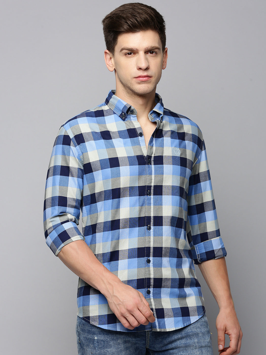 Men Blue Checked Casual Shirt