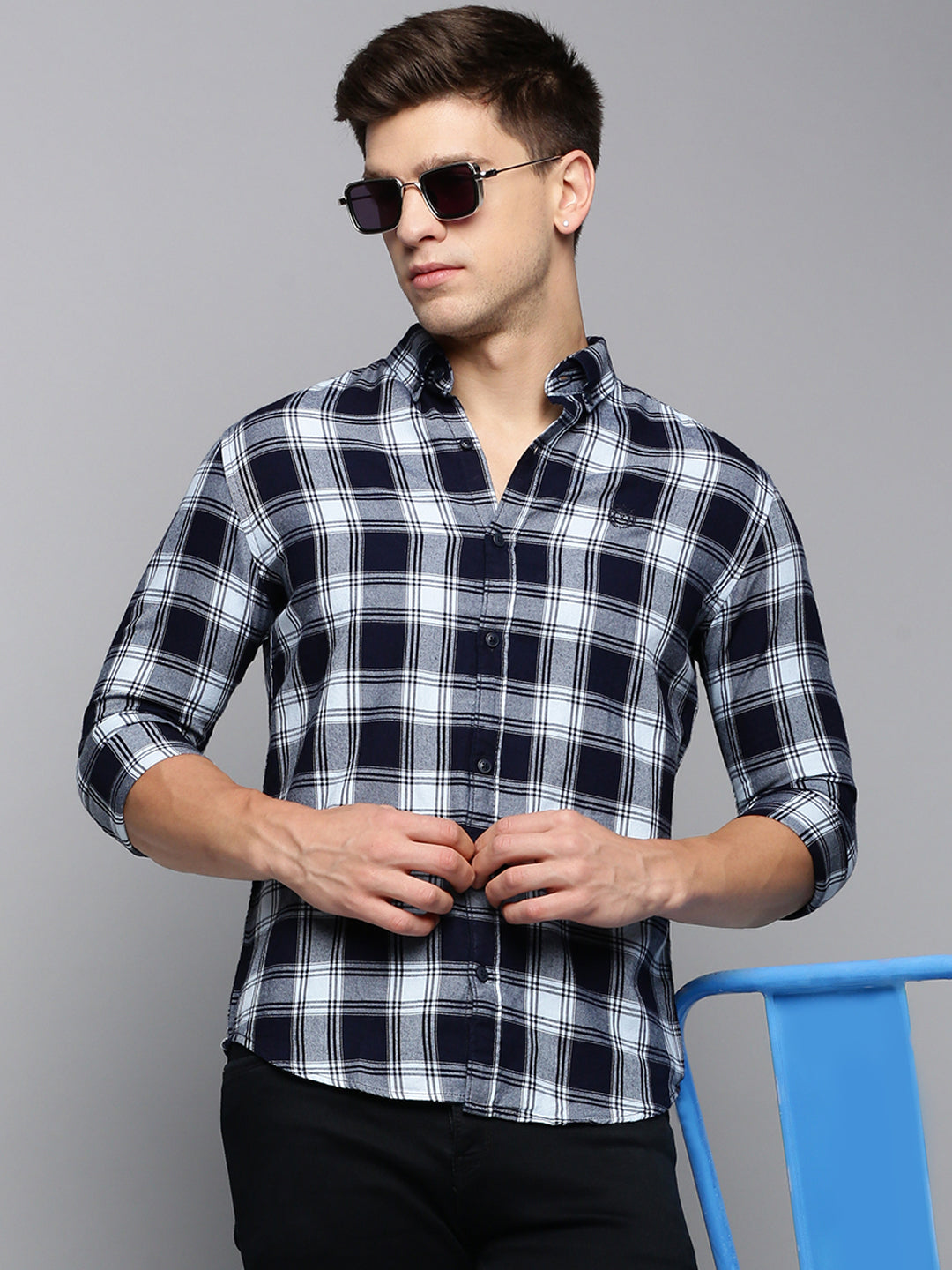 Men Blue Checked Casual Shirt