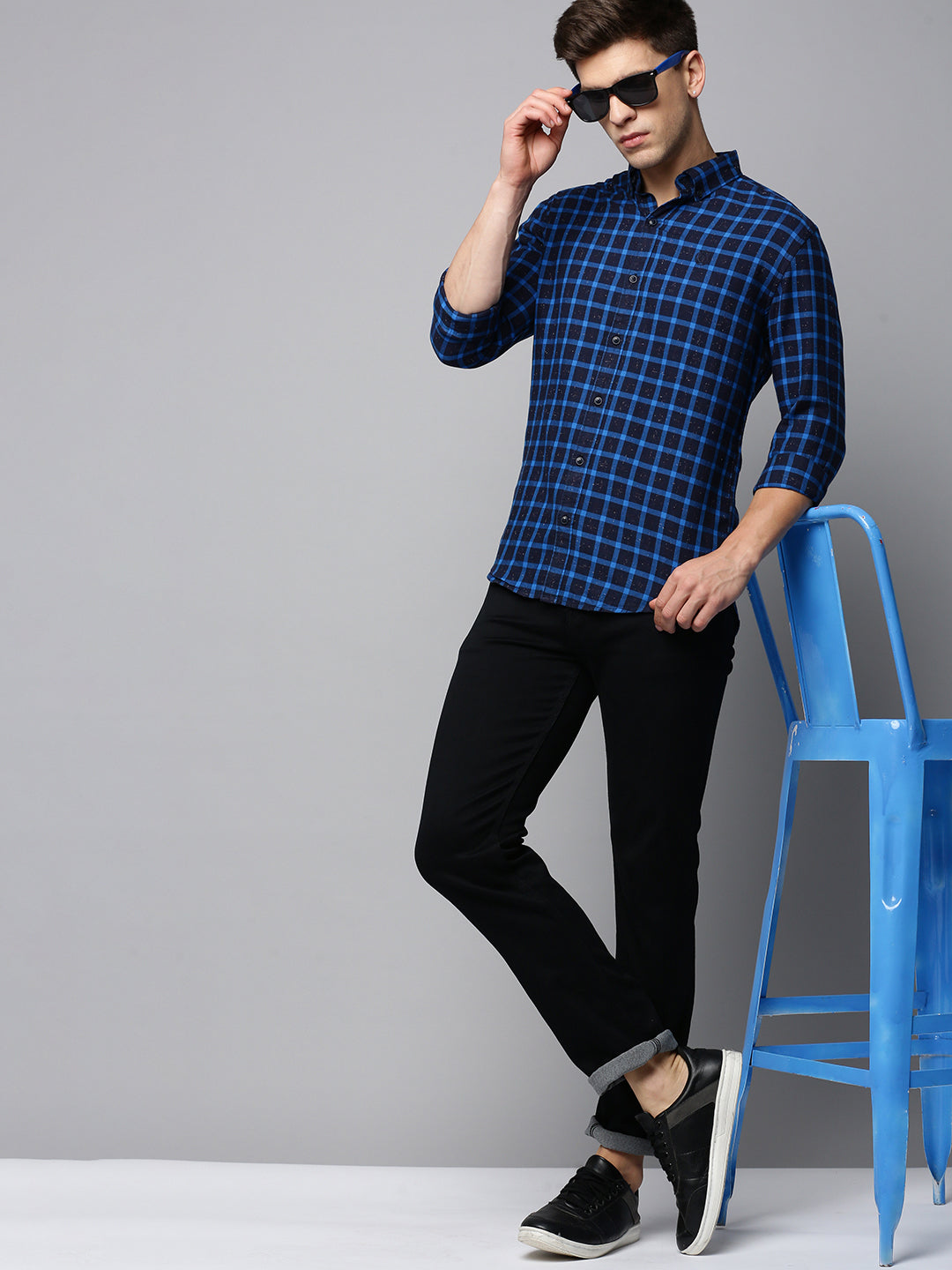 Men Navy Checked Casual Shirt