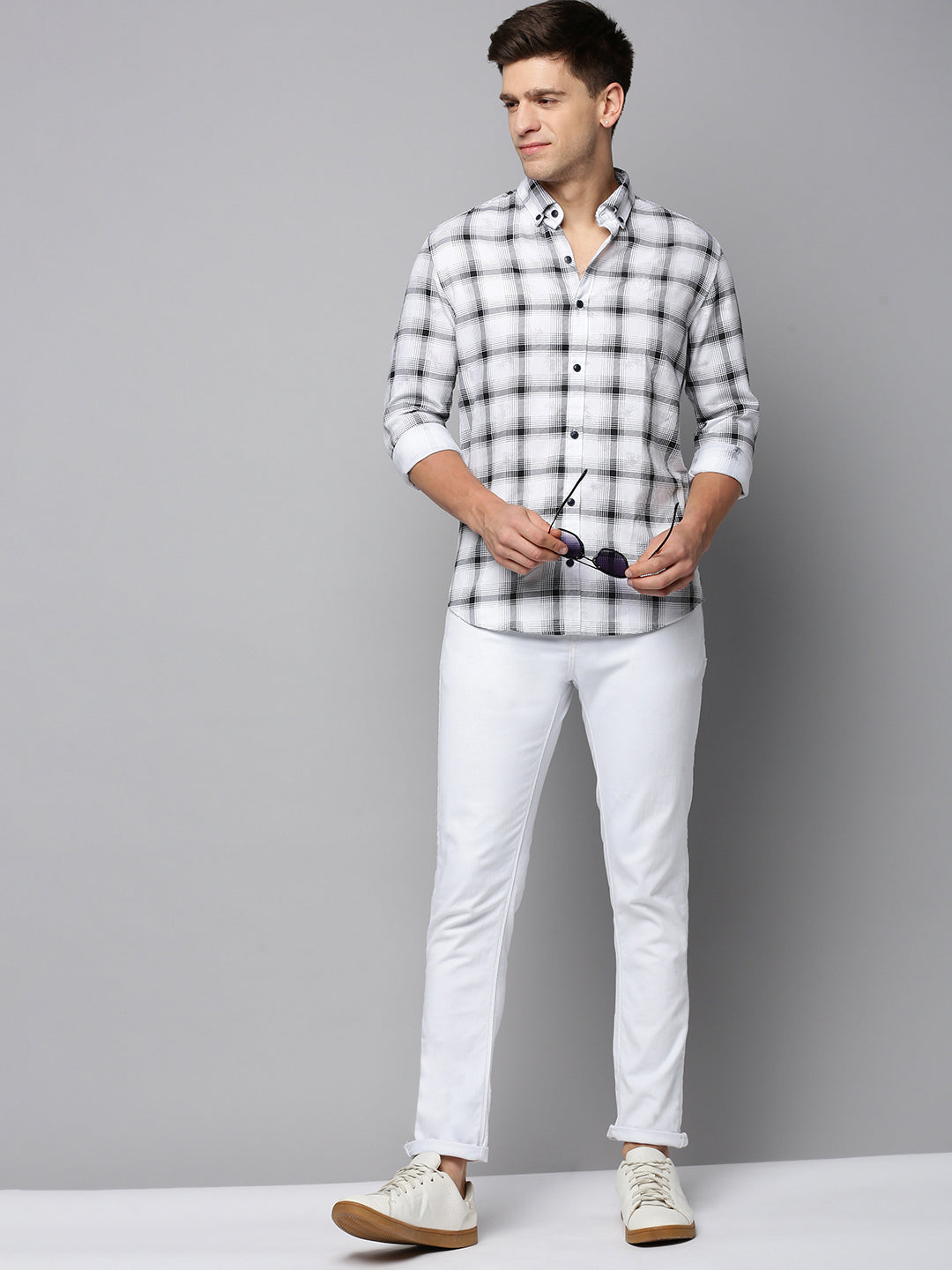 Men White Checked Casual Shirt