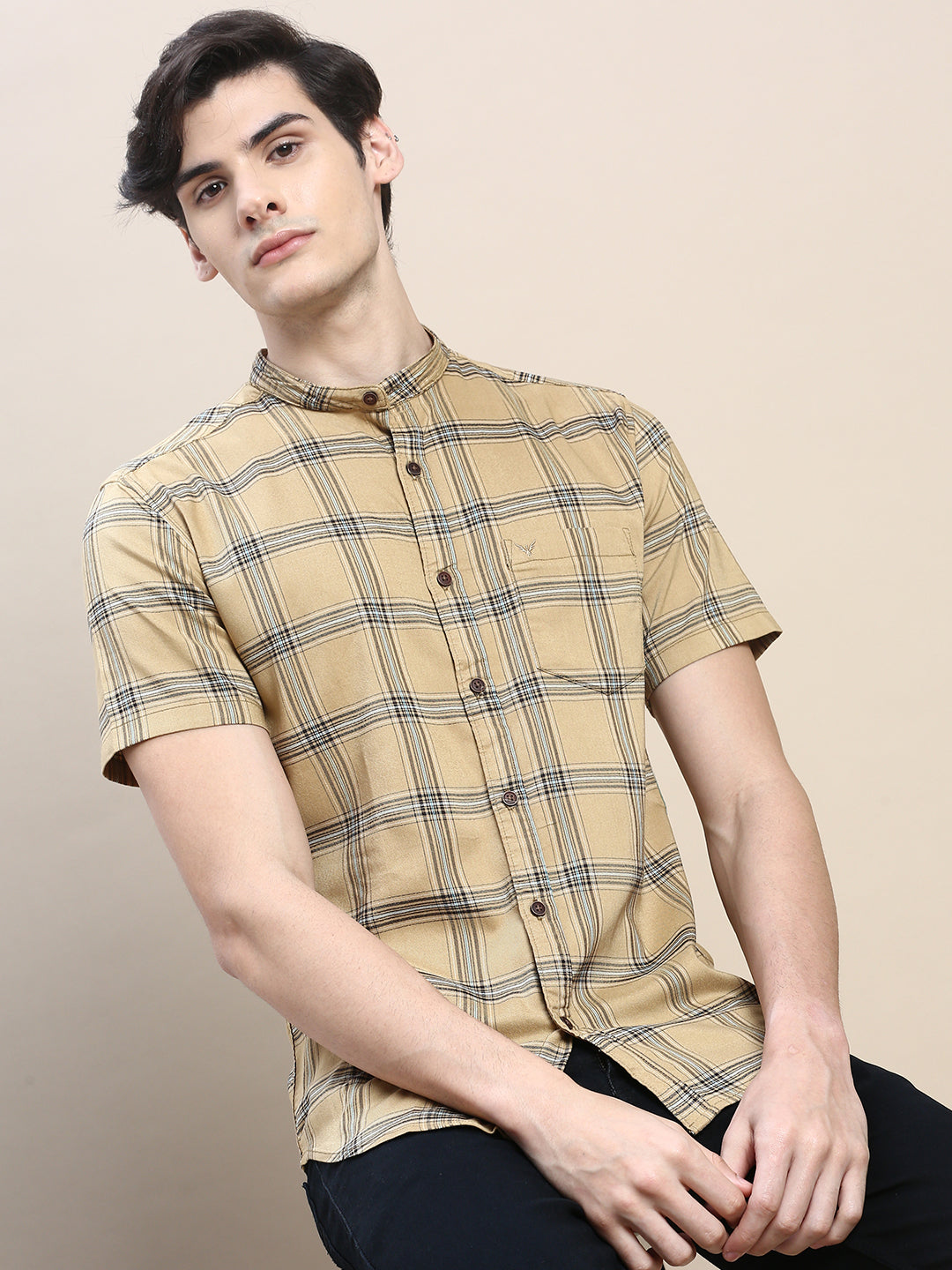 Men Beige Checked Casual Shirt