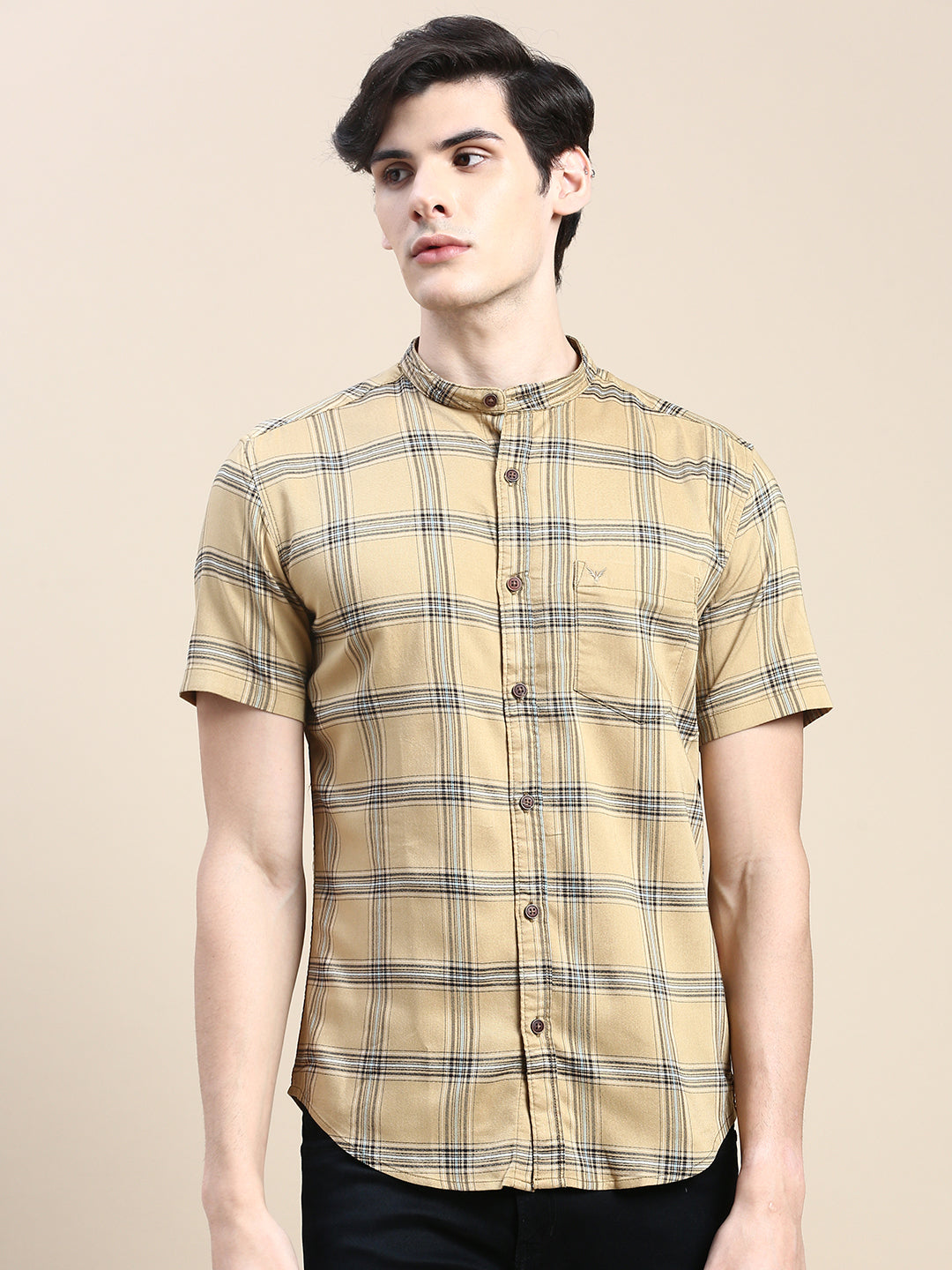 Men Beige Checked Casual Shirt