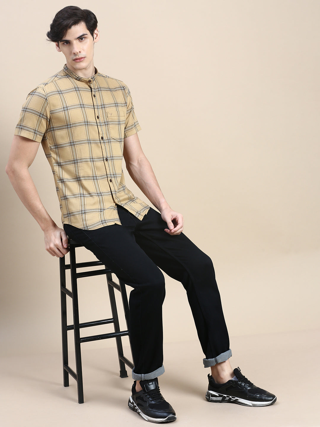 Men Beige Checked Casual Shirt