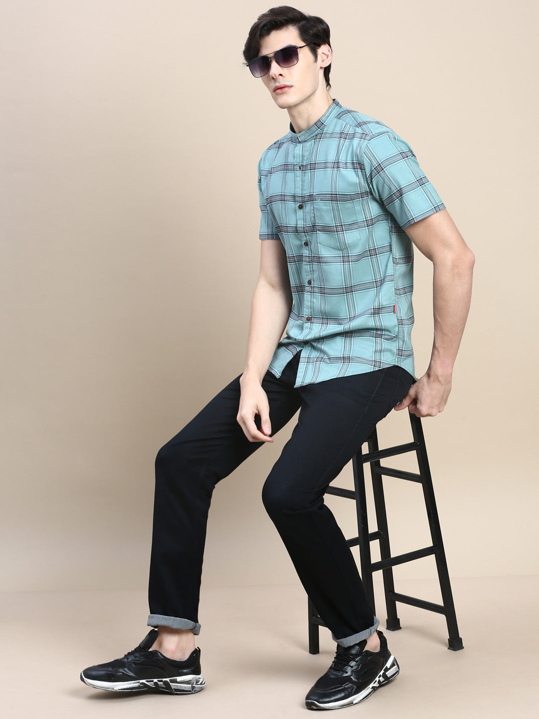 Men Green Checked Casual Shirt