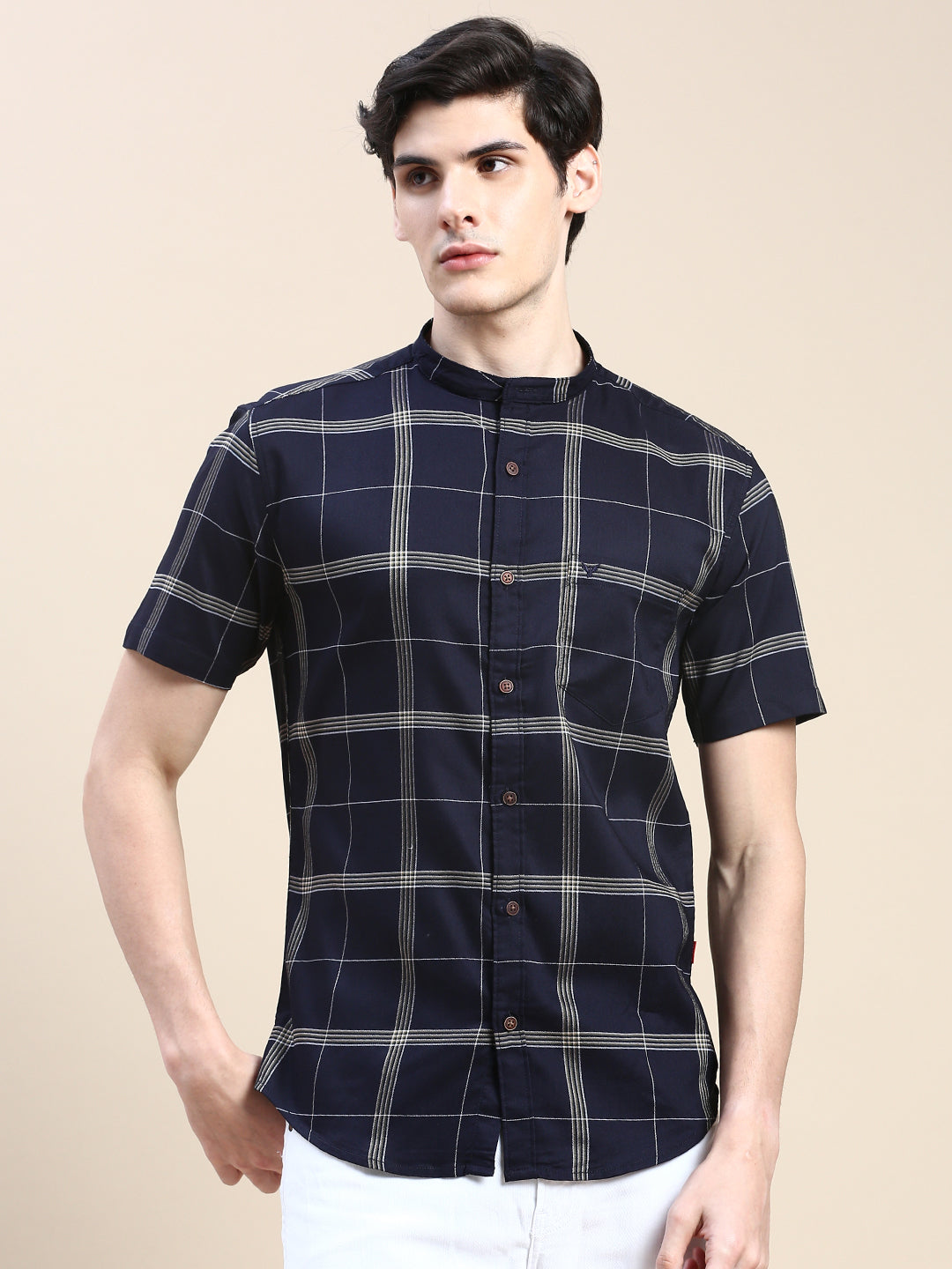 Men Navy Checked Casual Shirt