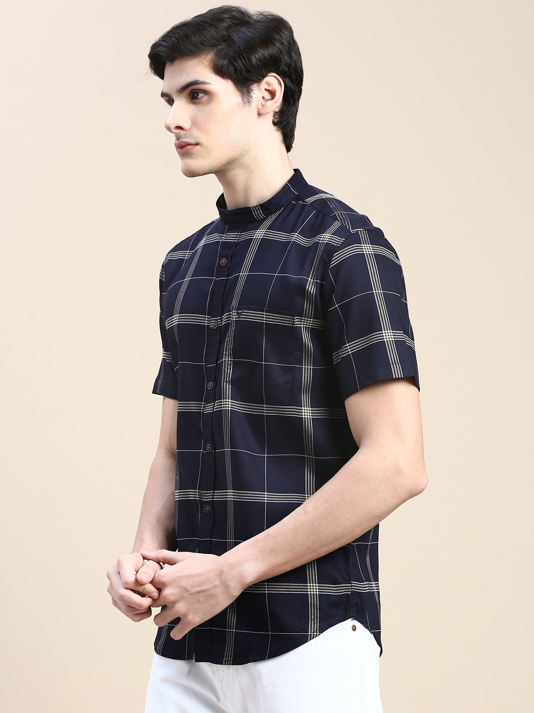 Men Navy Checked Casual Shirt