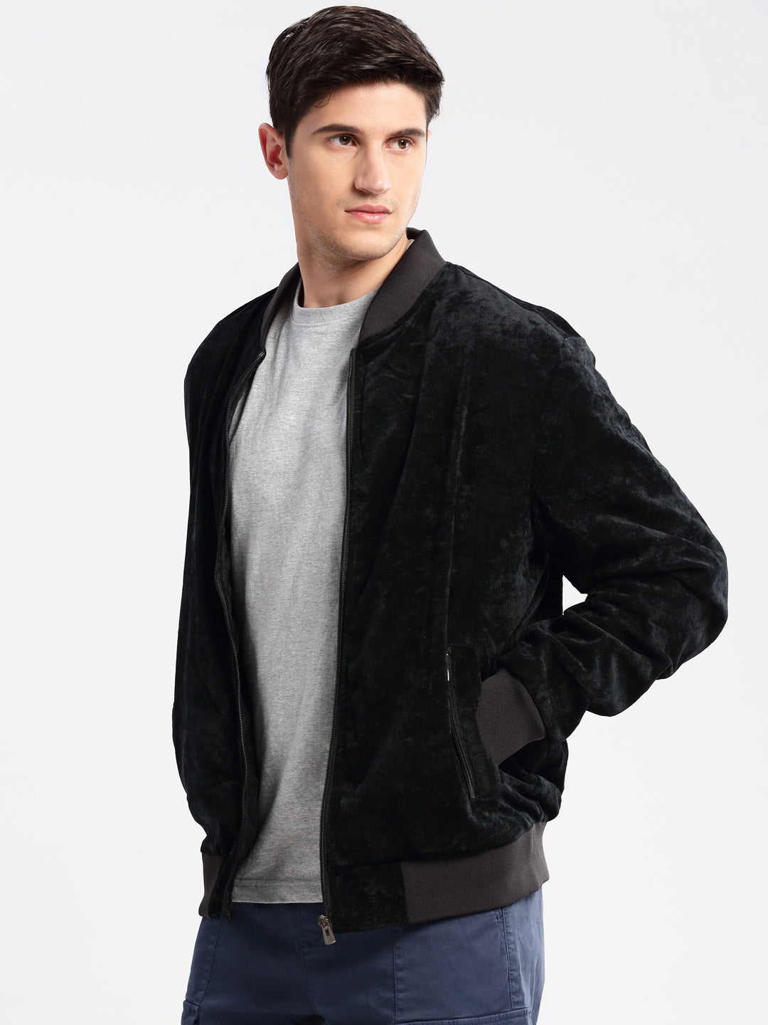 Men's Mandarin Collar Solid Navy Blue Bomber Jacket