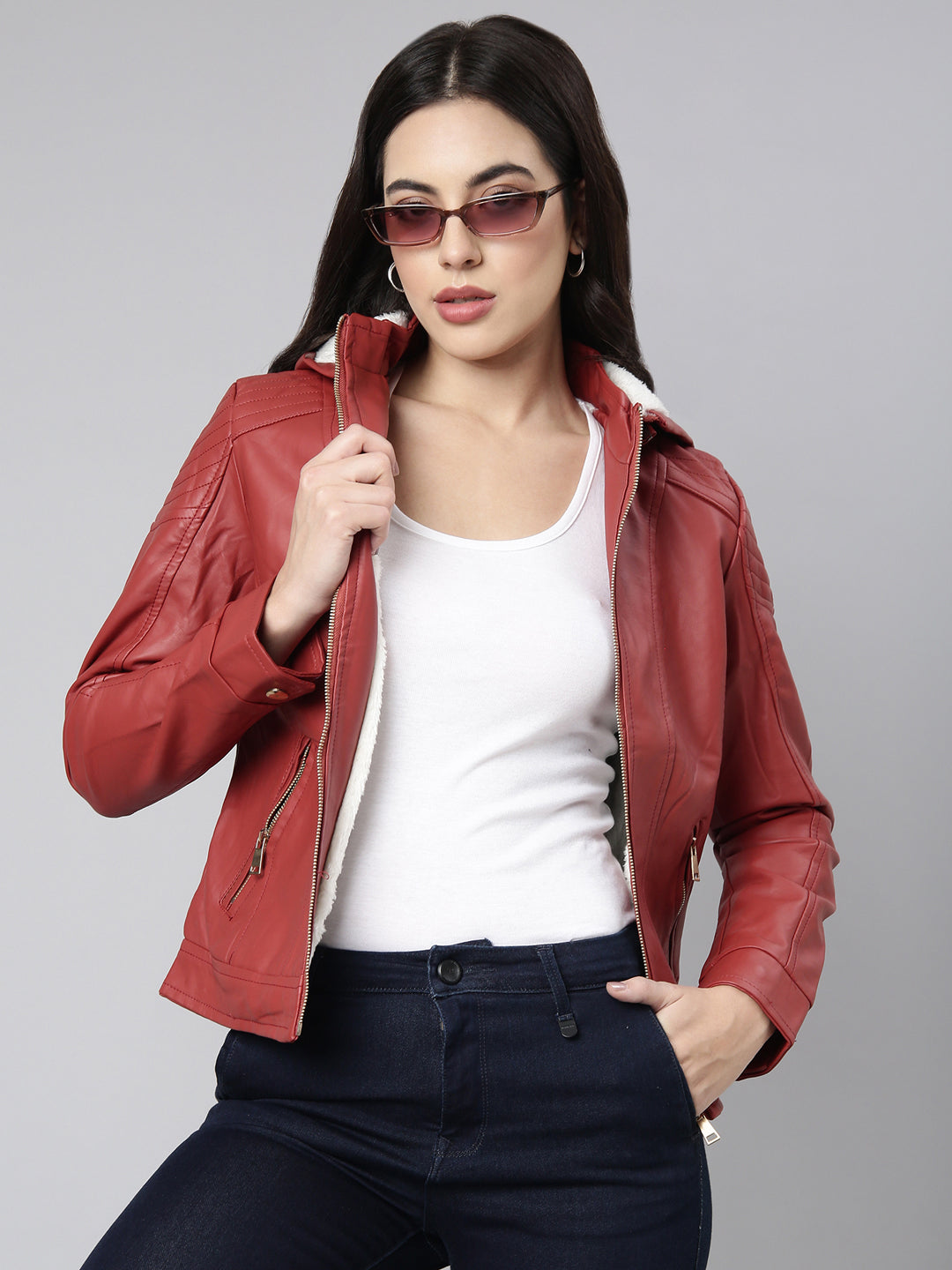 Women Solid Rust Biker Jacket Comes with Detachable Hood