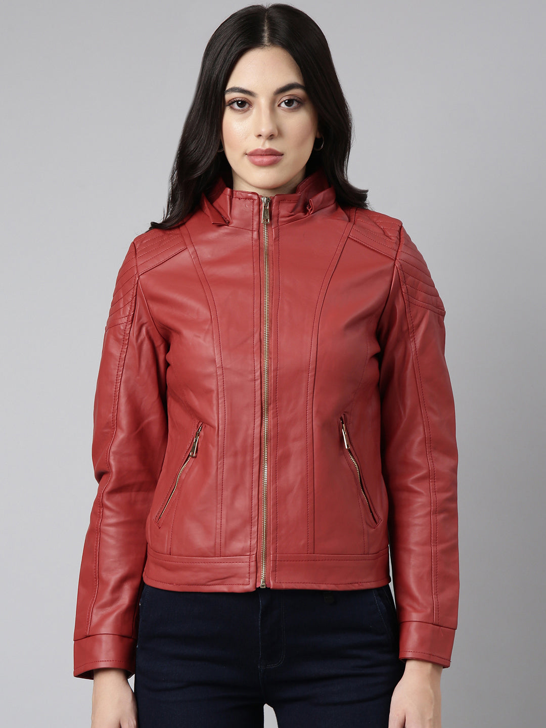 Women Solid Rust Biker Jacket Comes with Detachable Hood