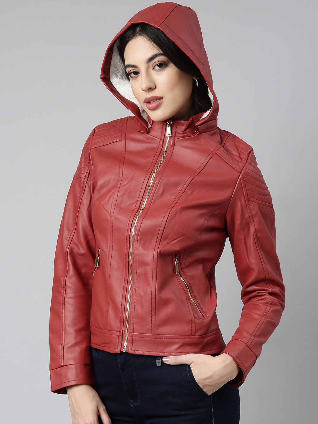 Women Solid Rust Biker Jacket Comes with Detachable Hood