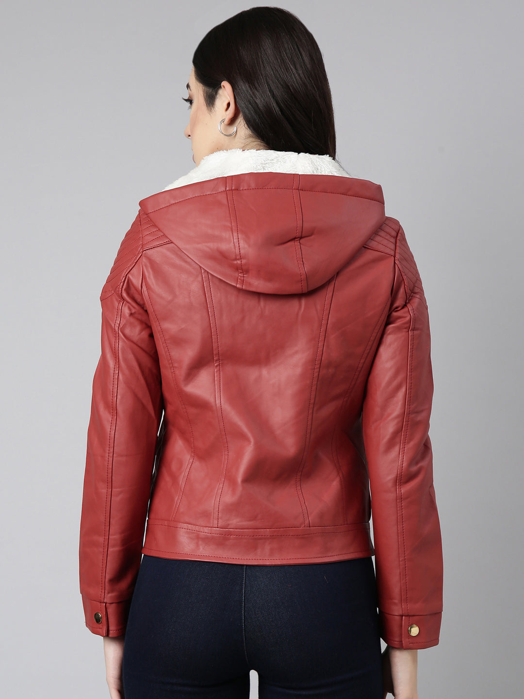 Women Solid Rust Biker Jacket Comes with Detachable Hood