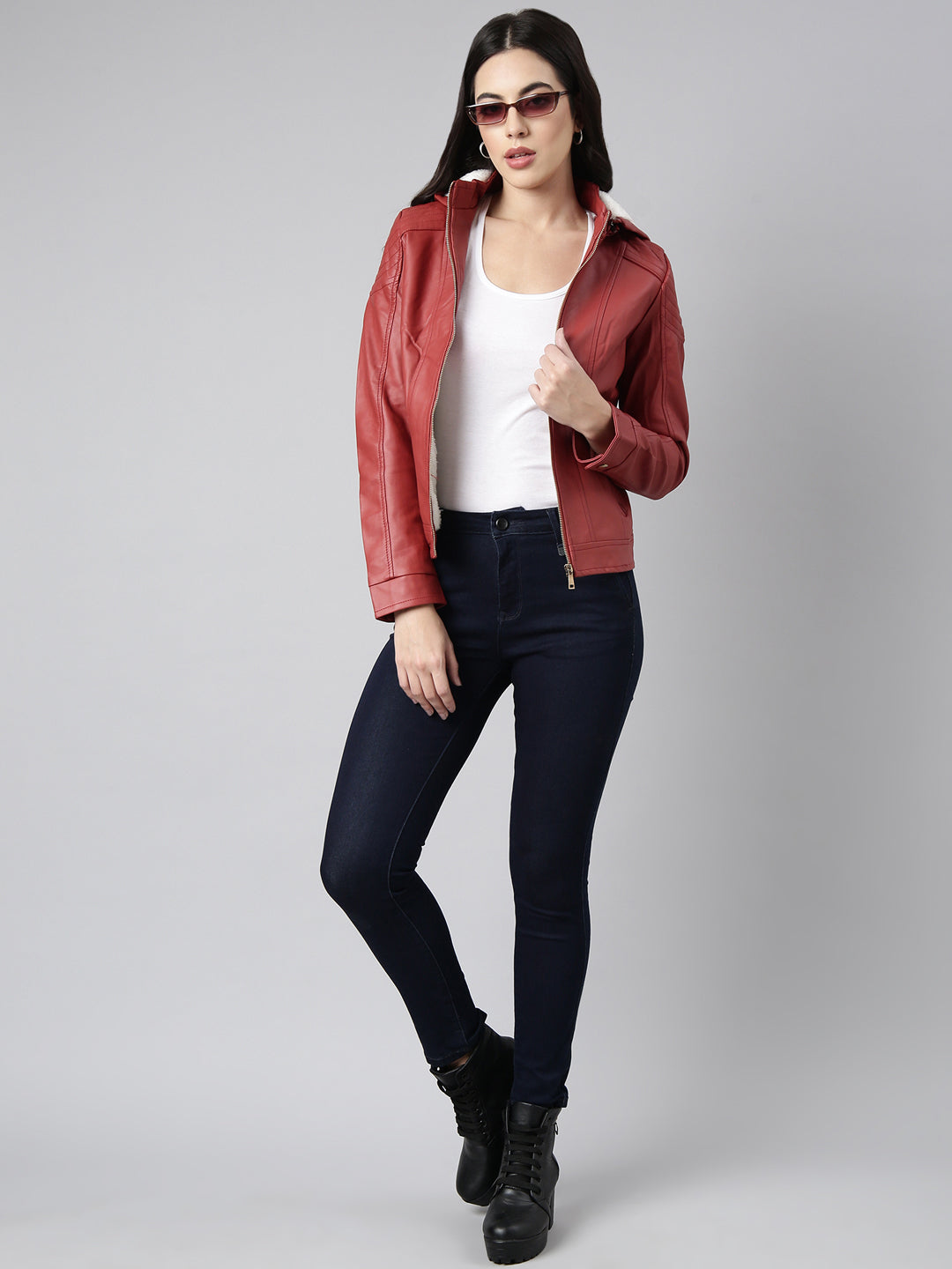 Women Solid Rust Biker Jacket Comes with Detachable Hood