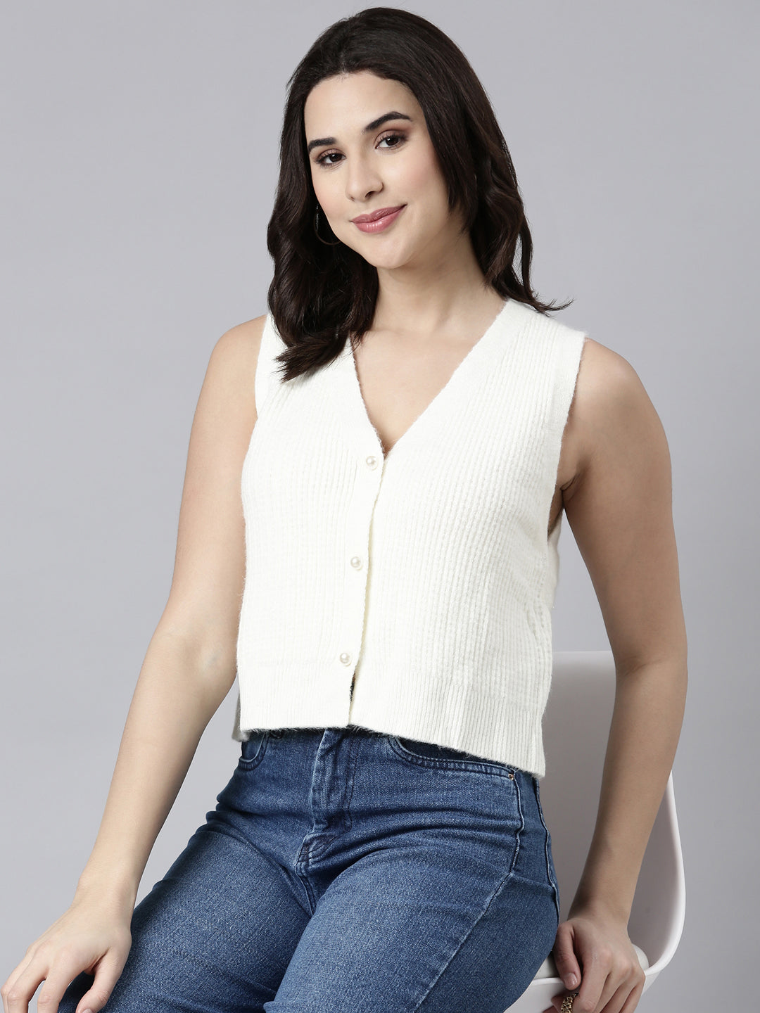 Women Solid Cream Sweater Vest