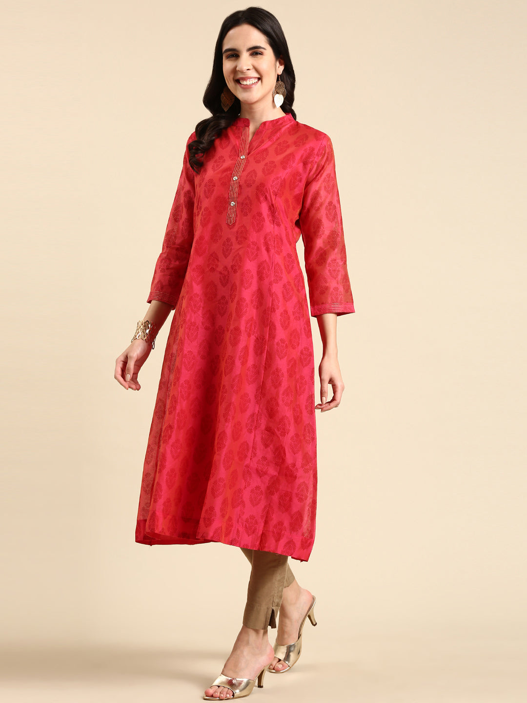 Women's Pink Printed A-Line Kurta