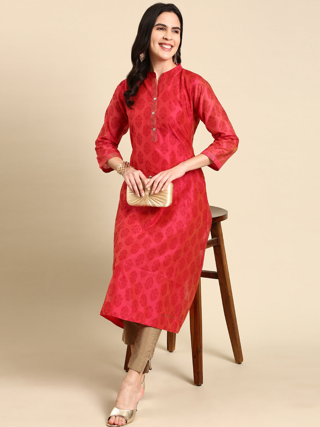 Women's Pink Printed A-Line Kurta