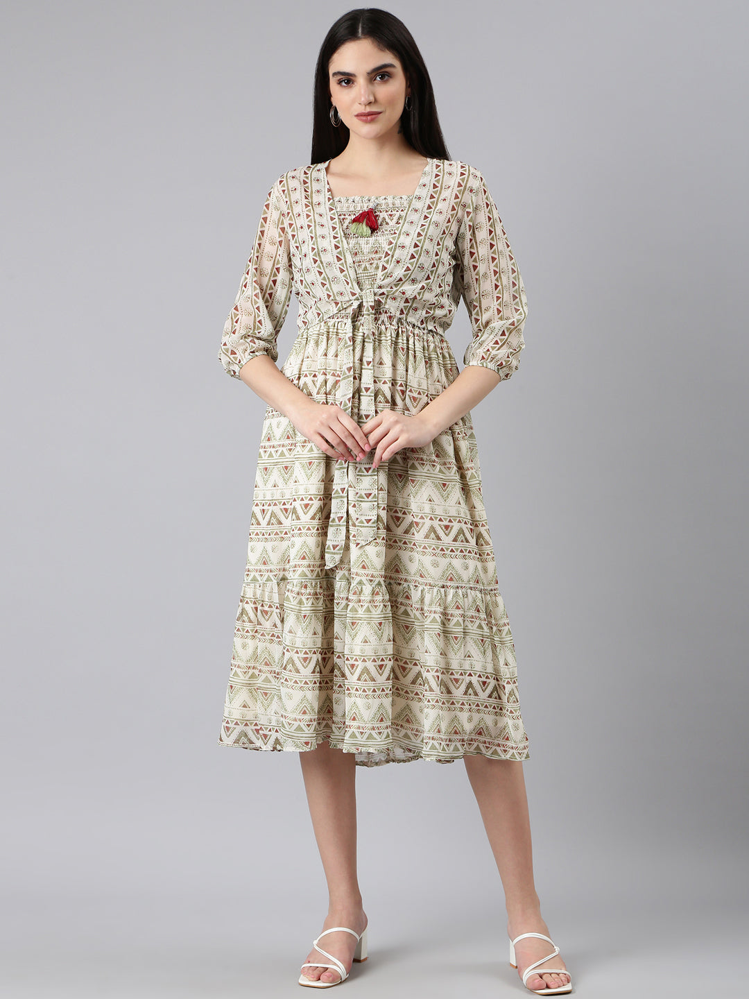 Women Cream Printed Fit and Flare Dress