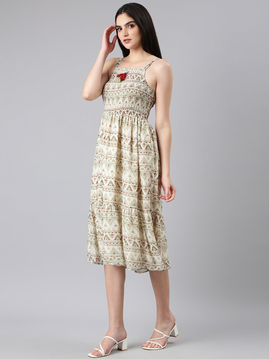 Women Cream Printed Fit and Flare Dress