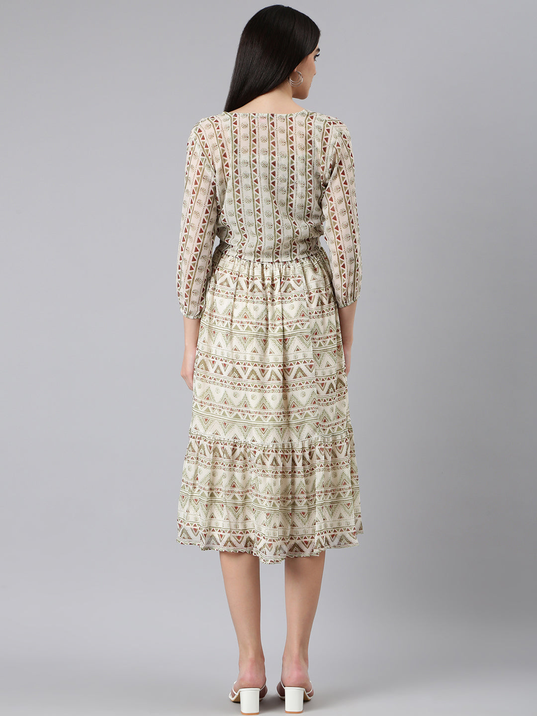 Women Cream Printed Fit and Flare Dress