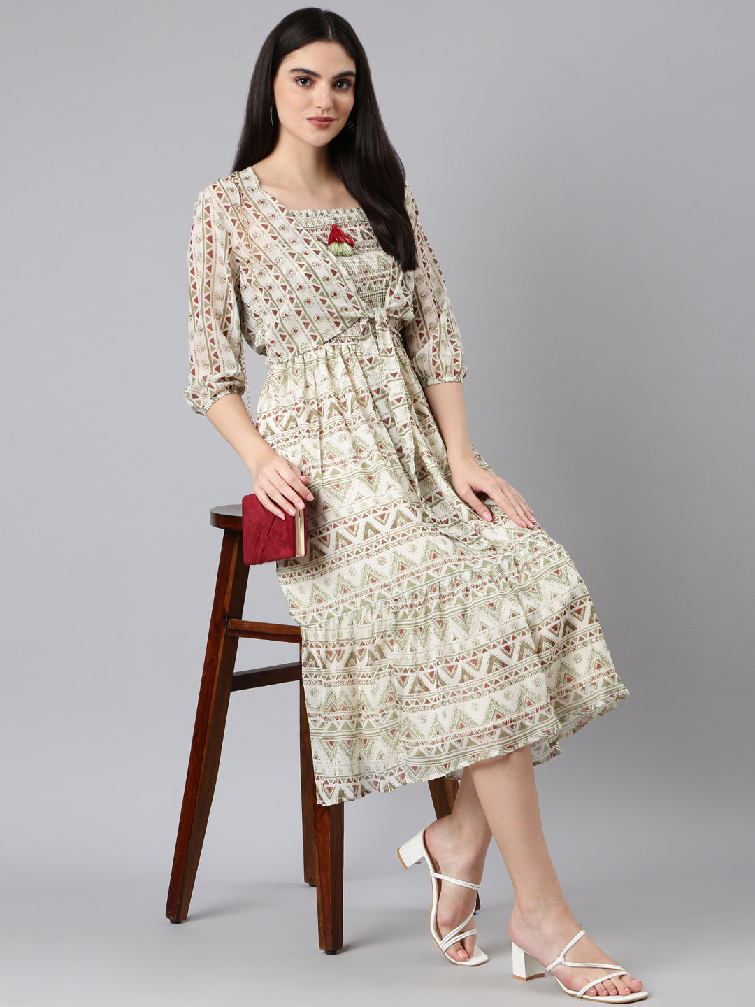 Women Cream Printed Fit and Flare Dress