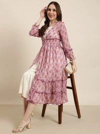 Women's Cream Floral Printed Puff Sleeve Empire Dress with Over Coat