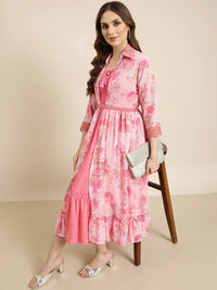 Women's Pink Shirt Collar Floral Print Empire Cotton Dress