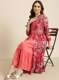 Women's Peach Floral Shoulder Straps Cotton Fit And Flare Dress