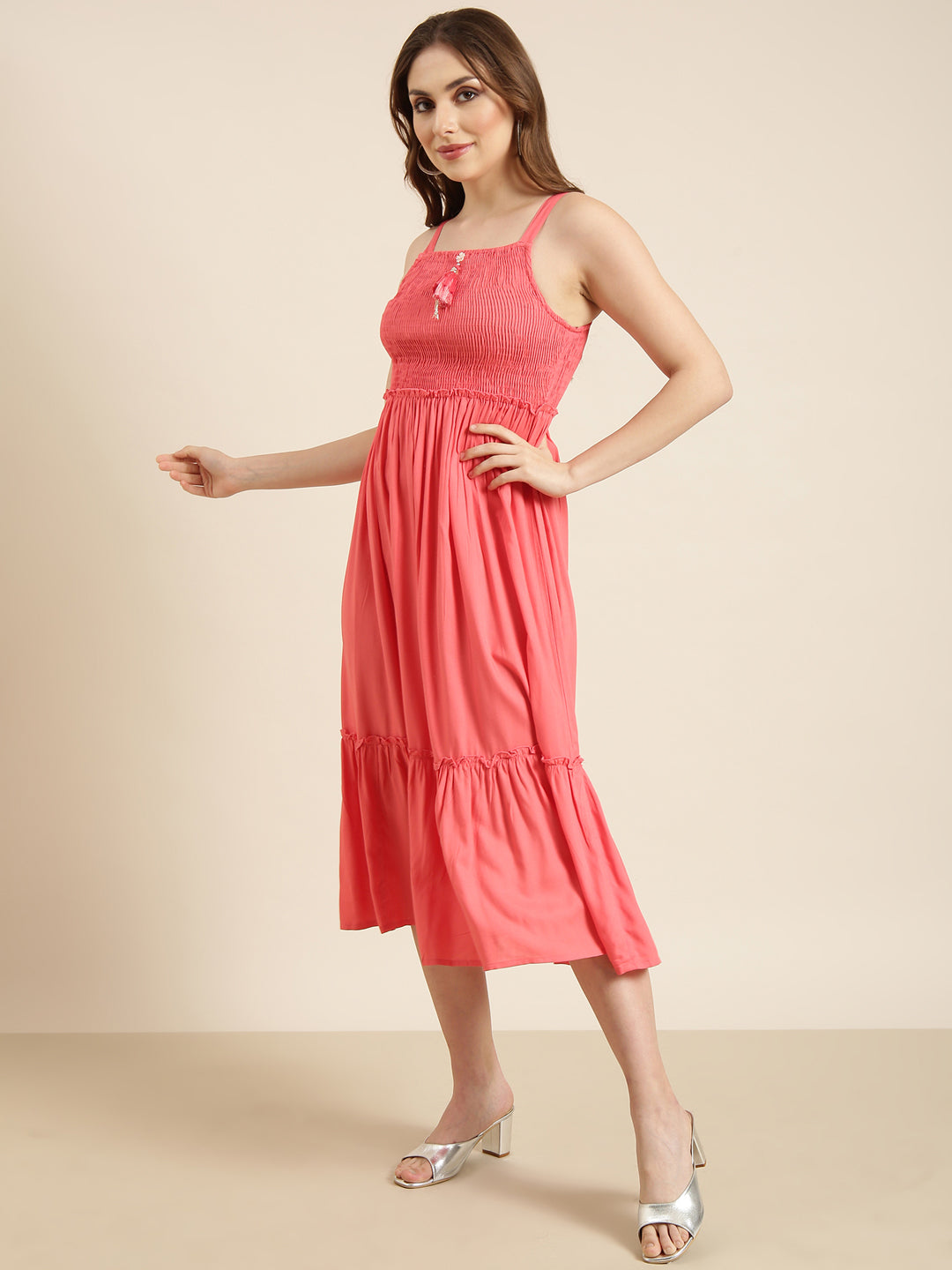 Women Peach Solid Empire Dress