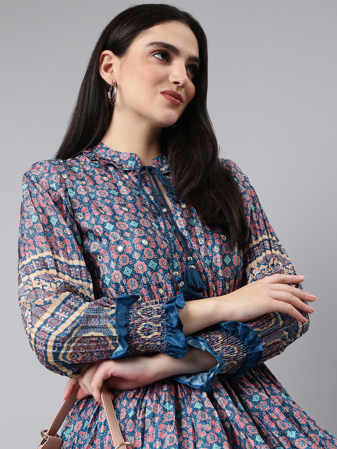 Women's Blue Geometrical Fit and Flare Dress